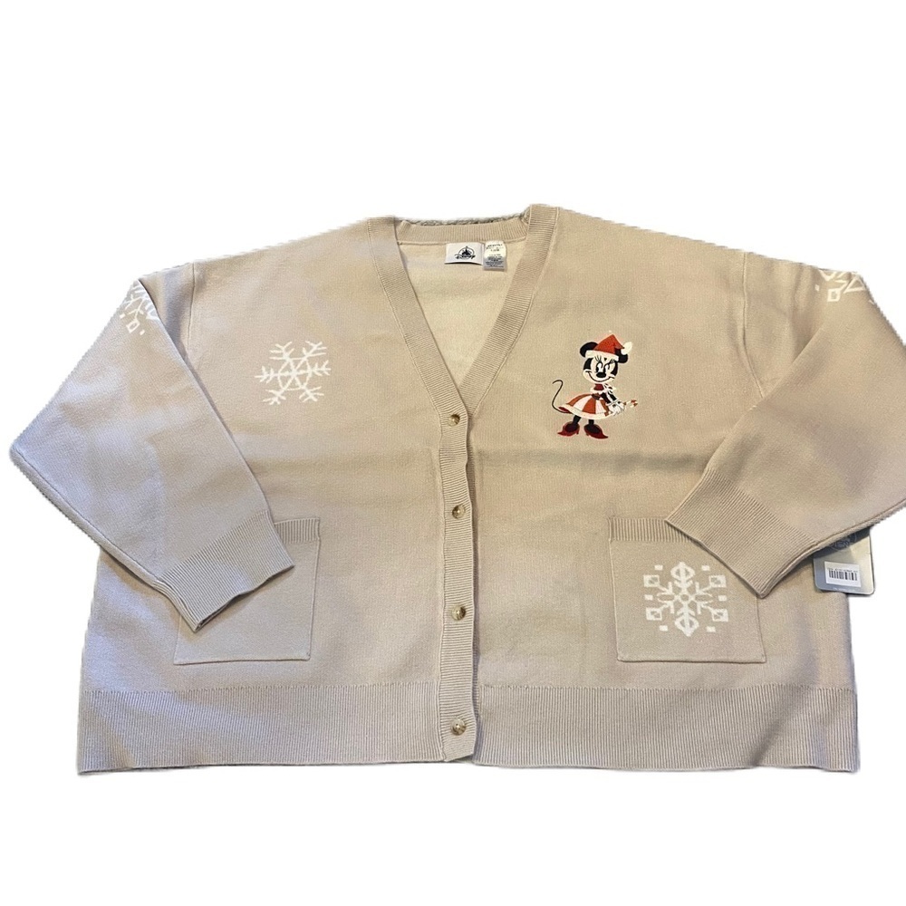 Disney Minnie Mouse Christmas Cardigan Sweater NEW 2X Tan V-neck Candy Cane